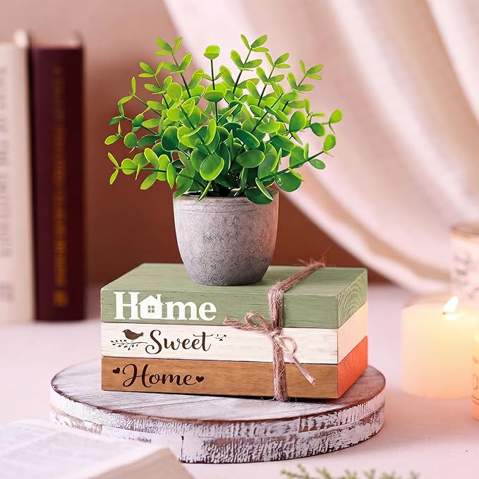 Wesiti 4 Pcs Spring Table Centerpieces with Fake Eucalyptus Pot Plant Home Sweet Home Decoration Farmhouse Tiered Tray Tabletop Decor Wooden Stack Book Block Sign for Desk Shelf Housewarming Gift