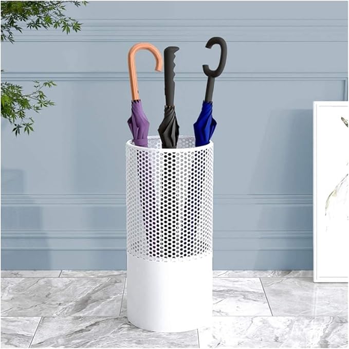 Umbrella Stands Hollowed-out Metal Umbrella Holder with Hooks,Umbrella Rack Modern Round Outdoor Hallway Entryway Umbrella Stand Rack (Color : White, Size : 50cm)