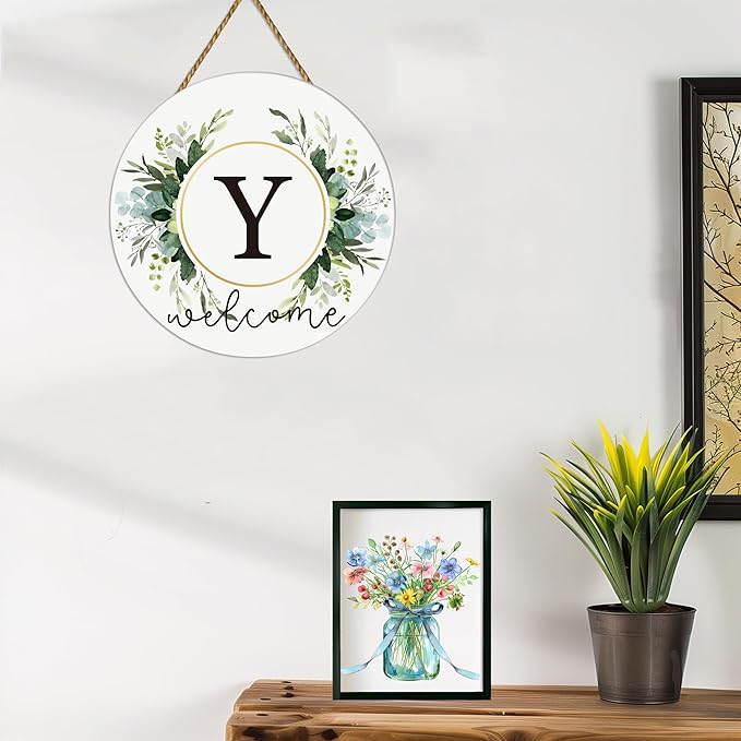 Monogram Letter Y Wreaths for Front Door Wreath Wooden Welcome Sign for Front Door Decor Floral Family Last Name Initial House Warming Spring Summer Porch Rustic Wall Home Kitchen Boho Decorations