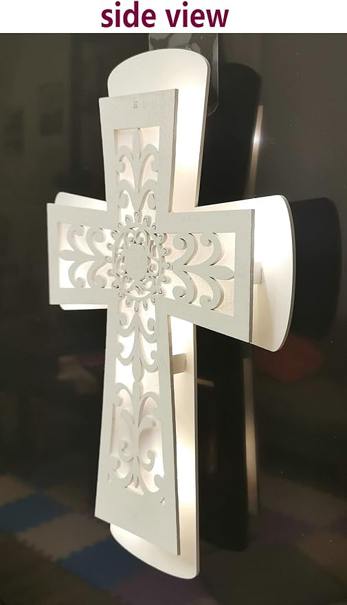 ADAVAS.Y&G Lighted Wall Cross with Fleur-de-lis cutout Design, White Wooden Cross for Wall Battery Operated 12" H
