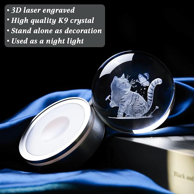 Movdyka 3D Laser Cat Figurines Lamp Glass Animals Statue Home Office Decor, Cat Theme Gifts for Women, Men, Girls - 3.15"/8CM
