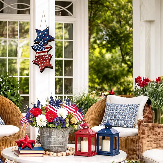 Wooden 4th of July Decorations Patriotic Wreaths for Front Door Independence Day Decorations Star Sign Welcome Memorial Day Hanging for Home Wall Decor Outdoor Indoor Red White and Blue Wreath 5