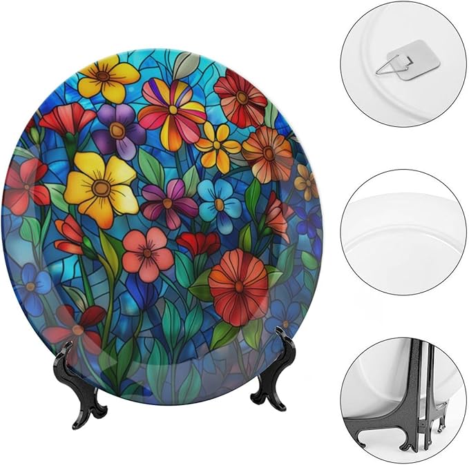 Stained Glass Theme Decorative Ceramic Plate Round Porcelain Plate,8 inch,Colorful Flowers Pattern,for Decorative Ornaments Giving Plates, 1 Plate with 1 Display Stand,Multicolor