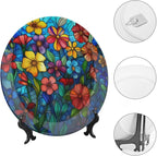 Stained Glass Theme Decorative Ceramic Plate Round Porcelain Plate,7 inch,Colorful Flowers Pattern,for Decorative Ornaments Giving Plates, 1 Plate with 1 Display Stand,Multicolor