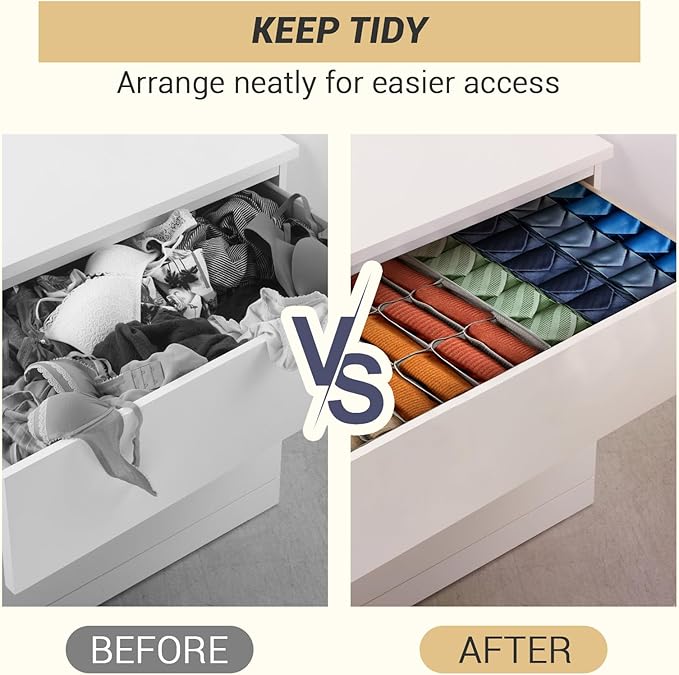 2 Pack 48-Cell Fabric Sock Organizer and Tie Organizer For Men - Fabric Foldable Drawer Divider for Socks, Underwear, Ties and Belts - Foldable, Multi-Cell Design, Space-Saving (Grey)