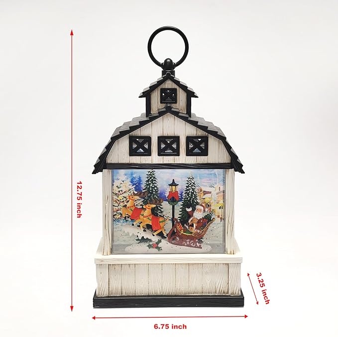 11-Inch Lighted Barn Lantern Swirling Water Glitter Globe with Santa Sleigh Scene, Battery Operated, 8H Timer, Holiday Sparkling Gift and Indoor Christmas Home Décor (Barn)
