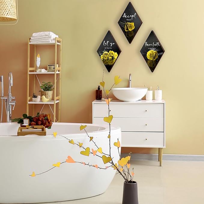 3 Pcs Yellow Rose Bathroom Wall Decor Flower Yellow Decor Inspirational Wooden Wall Art Office Wall Decor with Accept Let Go Have Faith Sign for Girl Women Bathroom Living Room Bedroom(yellow 12 x 7")