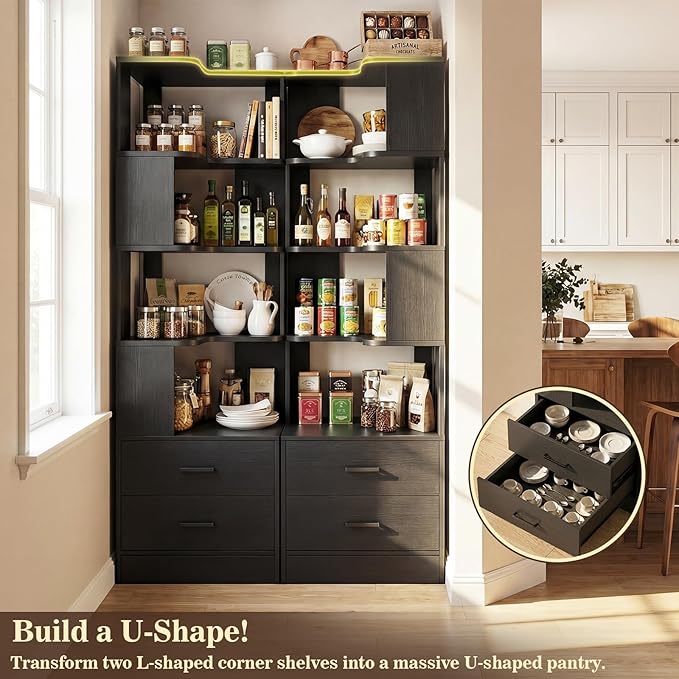 Armocity Corner Bookshelf with Drawers, 7 Tier Corner Book Shelf Display Bookcase, Freestanding L Shaped Bookshelf for Bedroom, Living Room, Home Office, Black