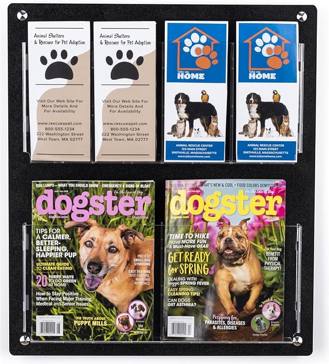 Displays2go Acrylic Wall Mounted Magazine Rack, 4-8 Adjustable Pockets, 2-Tiered - Black (2RP4BLK)