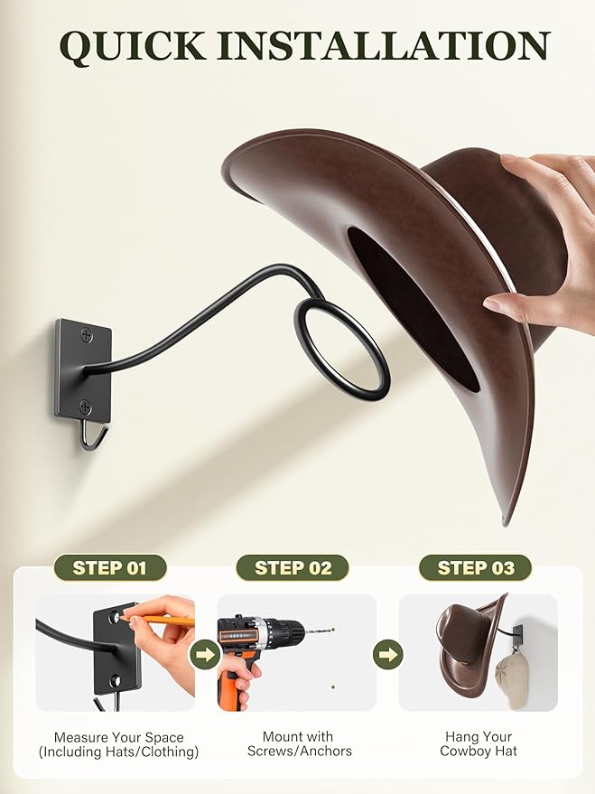 Cinati Cowboy Hat Rack for Wall 12 Pack, Cowboy Hat Holder Wall Mount, Western Rustic Metal Hats Hanger Hooks Organizer for Fedora,Sun Hats,Wide Brim, Extra Hooks for Baseball Caps,Western Room Decor