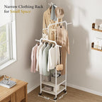 Chrislley Small Clothing Rack With Wheels, 71" Portable Rolling Garment Rack With 2 Shelves and 6 Hooks, 3-Section Different Heights Heavy Duty Metal Clothes Rack For Coats, Shirts, Bags, Shoes, White