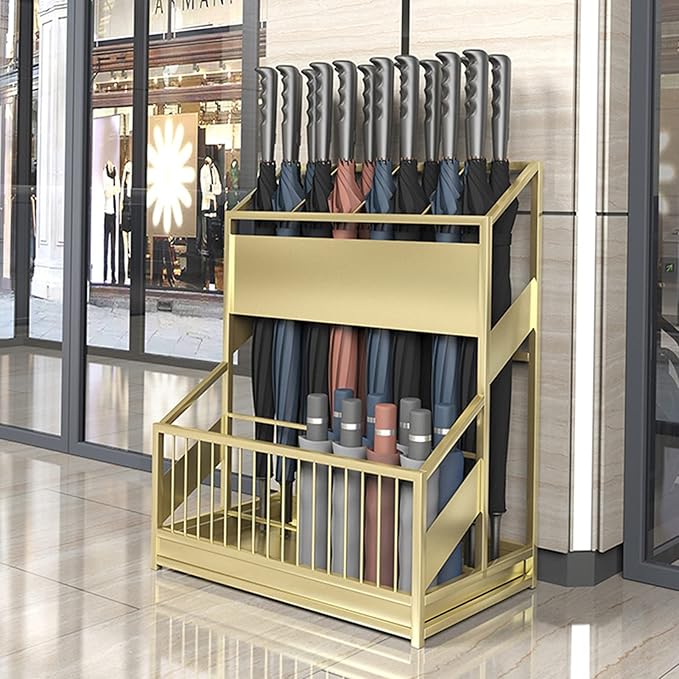 Commercial Metal Umbrella Stand Umbrella Holder, Corridor Entrance Umbrella Basket for Hotel School Cafe-with Drip Tray, Storage 30 Umbrellas (Color : Gold)