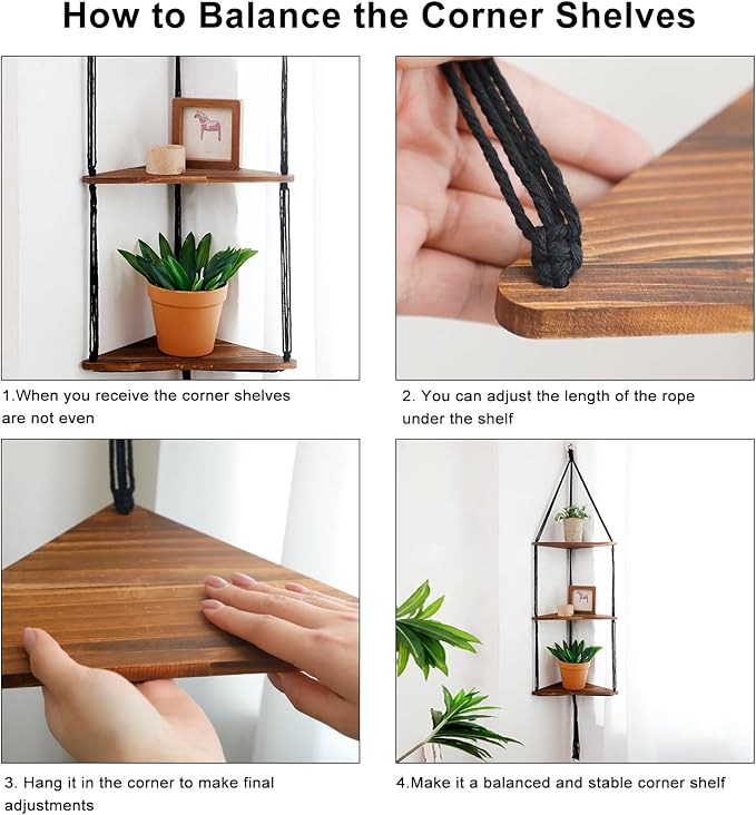 Artilady Macrame Corner Shelf Wall Hanging - 3 Tier Black Floating Shelves Plant Corner Wall Decor, Boho Rustic Wooden Plant Storage Rack for Bedroom Living Room Bathroom
