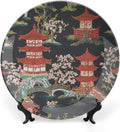 Decorative Plate Chinoiserie Charcoal Coral Pagoda Asian Customize Decor for Festival Display Home Kitchen Ceramic Dinner Plate 1 Plate with 1 Display Stand, Multi Sizes, Gifts for Men Women