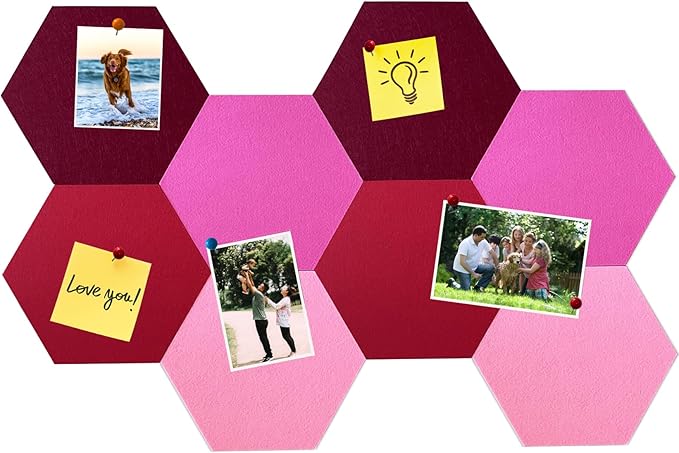 8Pcs Hexagon Felt Cork Board Tiles, Self Adhesive DIY Bulletin Board Pin Board for Office School Home Wall Decor Stickers Memos Photos Display (Gradual Red)