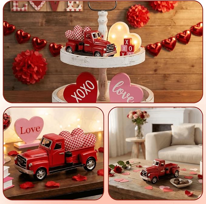 Youeon Farmhouse Red Truck Decor, 7x3.1x3.5 Inch Vintage Metal Pickup Truck Valentine Ornament Gift, Rustic Table Centerpiece, Small Garden Planter Truck Decoration