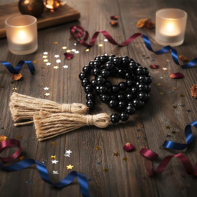 Equsion Seasonal Wooden Bead Garland with Tassels, 3.3 ft Holiday Vintage Boho Bead Garland Easter Tray Decoration, Vase Wall Room Art Birthday Party Decoration(Black)