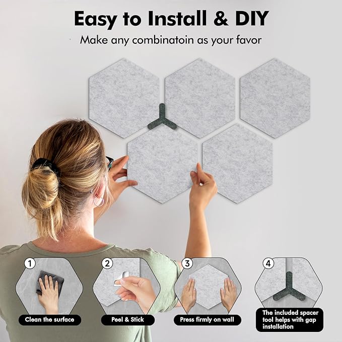 8-Pack Hexagon Felt Cork Board, 1/2" Thick Felt Bulletin Pinboard with 80 Push Pins, Adhesive Tabs, Geometric Cork Wall Tiles for Photos, Memos, Home & Office Decor (Light Grey)