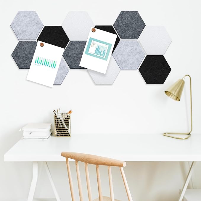 Mindsoft 16 Pcs Hexagon Cork Board for Walls with 50 Wooden Push Pins 6.7 x 5.9 in Felt DIY Tiles Notice with Nano Tape Hanging Bulletin Board for Home Photo Office Memo Note(Grey)