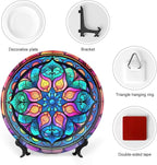 Decorative Plates for Wall Hanging, Abstract Iridescence Floral Stained Glass Design Ceramic Plate w/Display Stand, Home Decor for Kitchen Cabinets, Round Tray 7 Inch, Gift for Family Friends