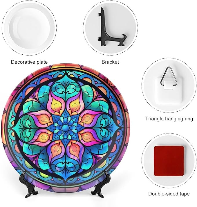 Decorative Plates for Wall Hanging, Abstract Iridescence Floral Stained Glass Design Ceramic Plate w/Display Stand, Home Decor for Kitchen Cabinets, Round Tray 7 Inch, Gift for Family Friends