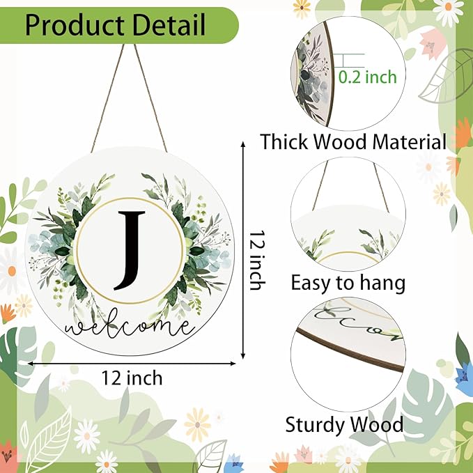 Monogram Letter J Wreaths for Front Door Wreath Wooden Welcome Sign for Front Door Decor Floral Family Last Name Initial House Warming Spring Summer Porch Rustic Wall Home Kitchen Boho Decorations