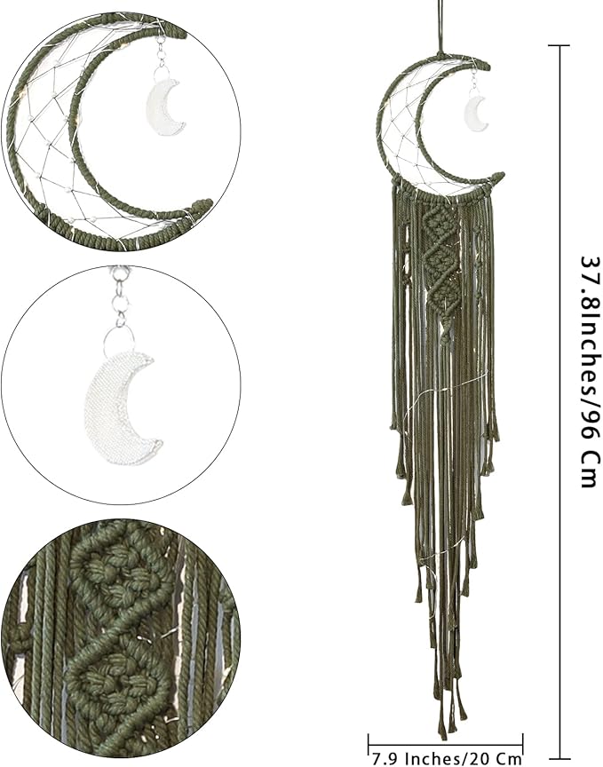 Boho Macrame Woven Wall Hanging for Kids, Crochet Crescent Moon Star Dream Catcher with Long Tasselt, Olive Cotton Handmade Bohemian Home Decor Decoration for Nursery Bedroom Dorm Room