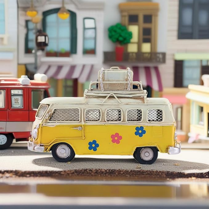 Vintage Camper Van Coin Bank with Photo Holder, Retro Hippie Van Decor with Tropical Flower Decals, Coastal Shelf Decoration, Yellow