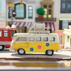 Vintage Camper Van Coin Bank with Photo Holder, Retro Hippie Van Decor with Tropical Flower Decals, Coastal Shelf Decoration, Yellow