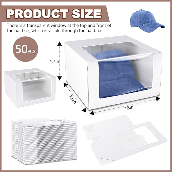 50 Pcs 50 Pack Hat Boxes with Clear Window, Foldable Black Gift Boxes for Baseball Caps, Storage, Display and Shipping (White)