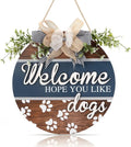 FWIEXA Funny 3D Welcome Hope You Like Dog Door Sign Plaque (12"x12"), Welcome Wreath Front Door Hanger with Dogs Footprints Bones, Cute Dog Lovers Gift
