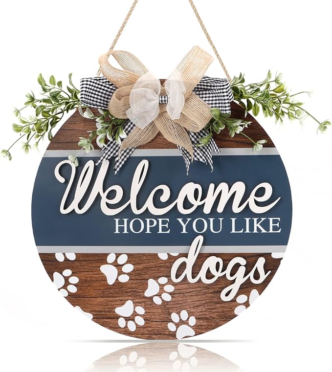 FWIEXA Funny 3D Welcome Hope You Like Dog Door Sign Plaque (12"x12"), Welcome Wreath Front Door Hanger with Dogs Footprints Bones, Cute Dog Lovers Gift