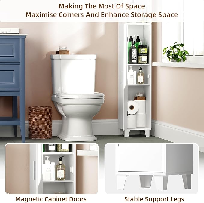 MOHOPE Corner Shelf with Cabinet, 74.8" Tall Corner Cabinet with Door, 5-Tier Narrow Bookshelf with Adjustable Shelves, Display Cabinets for Living Room, Bathroom, Dining Room, Small Space, White