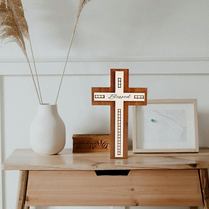 OKSQW Wall Wooden Cross Christians Cross Spiritual Religious Gifts With Hook on Hanging Wall Or Table With Blessed and Wood Bead for Church Home Room Decoration for Christmas
