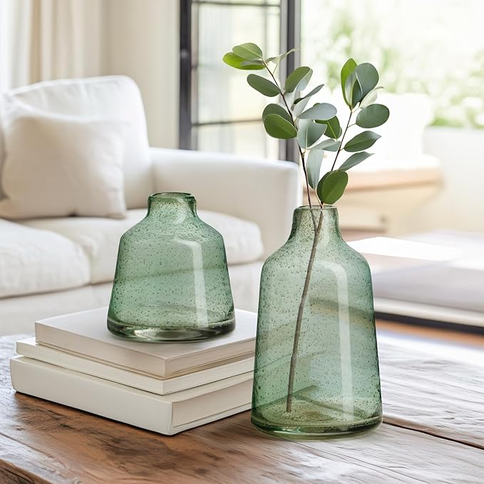 Torre & Tagus 6 Inch Tall Green Glass Vase with Gold Flakes, Mouth Blown Glass Vases Green Flower Vase Centerpieces, Watertight for Hydroponic Plants, Coastal Seagreen Gold Decor Accents (Marina)