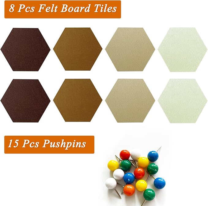 8 Pcs Hexagon Felt Cork Bulletin Board Tiles, Self Adhesive DIY Bulletin Board Pin Board for Office School Home Wall Decor Memos Photos Display (Gradual Brown)