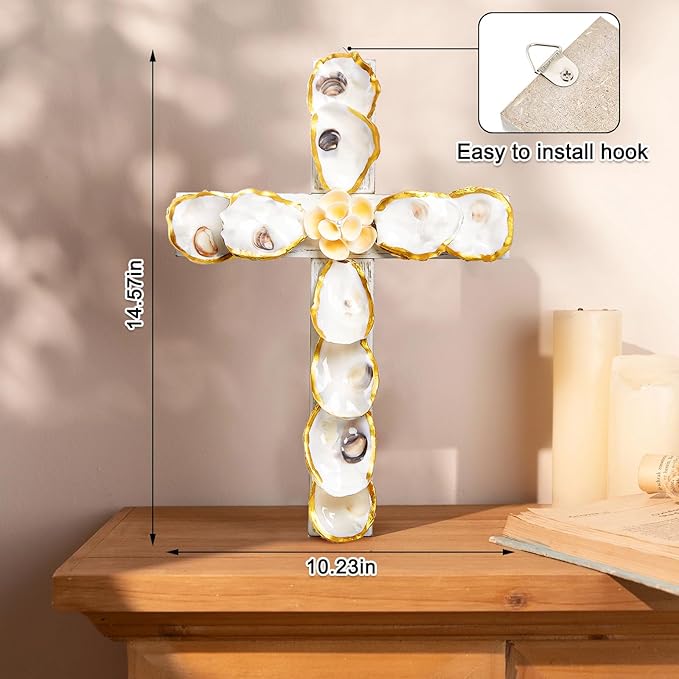 QEQEKAKA Cross Wall Decor - Handmade Oyster Shells Cross Wood Wall Decor for Christian Wall Art Decor Religious Gift Indoor Outdoor Home Decor