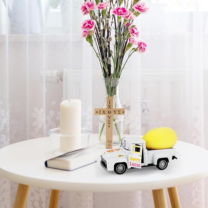 Easter Metal Truck with Yellow Eggs Easter Party Decors Easters Gifts Basket Stuffers Farmhouse Vintage White Metal Truck Decor Vintage Collectible Car for Desk Bookshelf