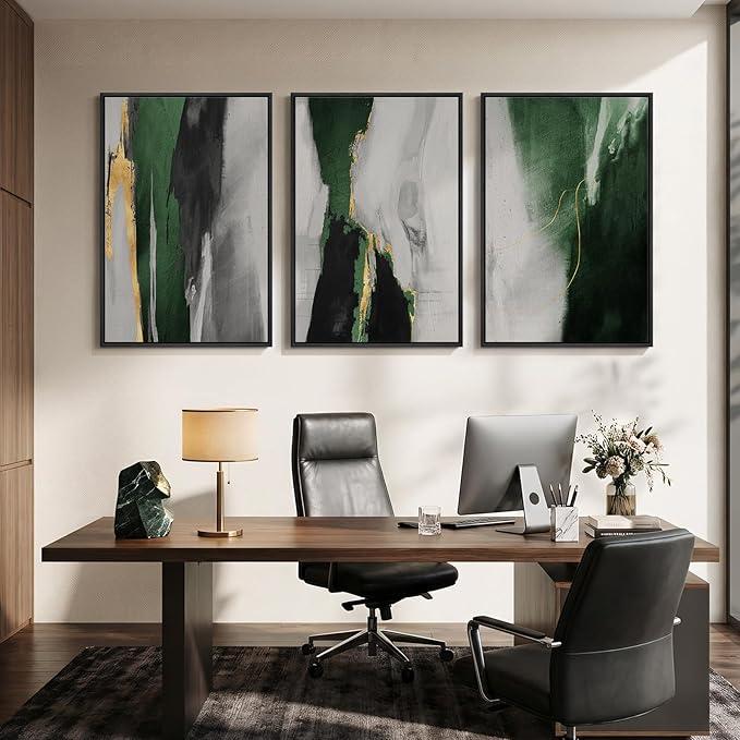 Large Framed Green Abstract Wall Art for Living Room, 3 Piece Modern Canvas Prints Paintings Artwork for Walls, Green Black Gold Abstract Pictures for Hallway Dining Bedroom Office Wall Decor 24x36 In
