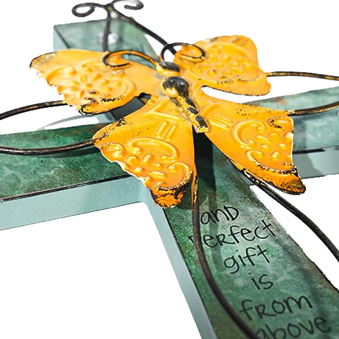 MelinSam Wooden Wall Cross Christians Cross with Antiqued Metal Butterfly and Inspirational Prayer Inscribed Blessed for Church Home Room Decoration Gifts