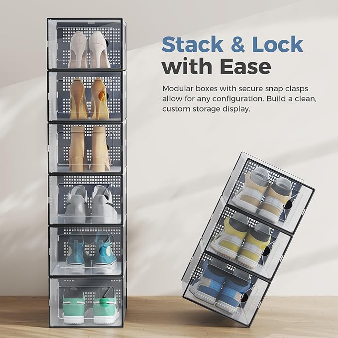 NEWBULIG 15 Pack Clear Shoe Storage Boxes, Shoe Organizer for Closet with Lid, Durable PE Transparent Shoe Containers Ideal for Sneakers, Heels & Boots, Black