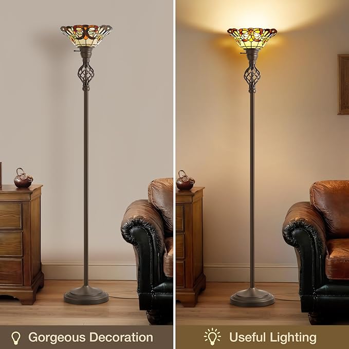 GyroVu Tiffany Floor Lamp Torchiere Floor Lamp with Stained Glass 71 Inch Tall Floor Lamp Standing Reading Light Floor Lamp for Living Room Corner Bedroom Home Office, Bulbs Included