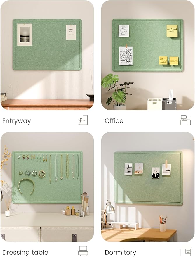 Fluxynara Bulletin Board, 23.6" x 17.5" Cork Board Alternative with 12 Safe Removable Adhesive Tabs, Foldable Felt Pin Board for Home Office, Classroom, Bedroom,Entryway for Walls—Moss Green