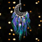 Dremisland Moon Dream Catcher with Fairy Lights-Handmade Feather Lucky Turquoise Pendant Beads Wall Hanging Ornament for Kids Bedroom Home Decoration,Art Craft Gift. (Blue&Purple)