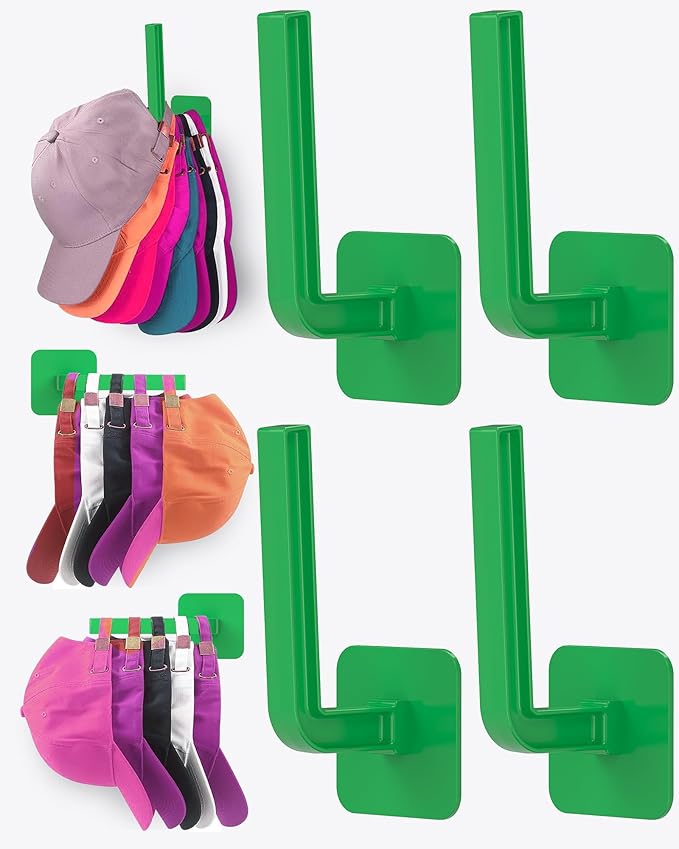 Multi-Purpose Hat Organizer (4-Pack), Strong Adhesive Hat Hooks for Wall, Two Mounting Options, Green