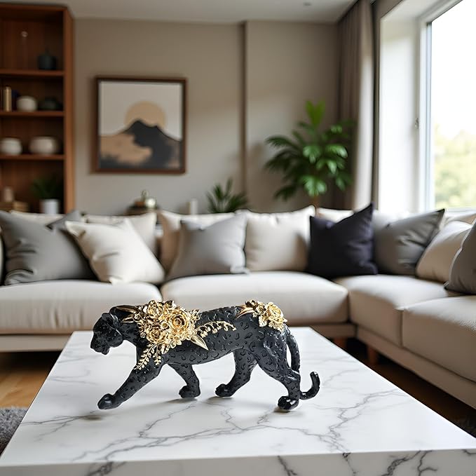 Cheetah Statue Black Gold Leopard Sculpture Home Decor Leopard Sculpture Resin Handmade Sitting Suitable for Living Room Table Center Bedroom Gift for Woman Father