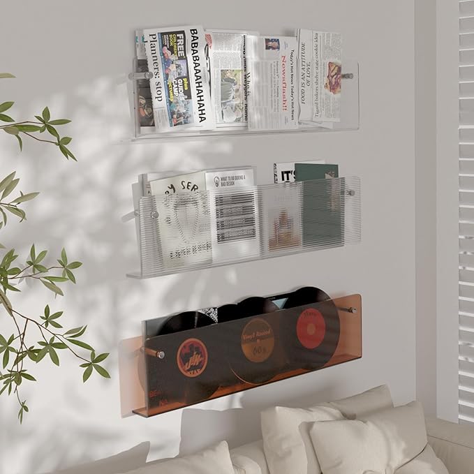 3 Pack Acrylic Magazine Holder and Vinyl Record Rack, 24" Wall-Mounted Display Shelf, Clear / Tea Brown / Ripple Pattern Wall Decor Racks for Living Room, Bedroom, or Music Room