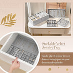 Set of 5 Stackable Jewelry Organizer Trays for Drawer 14 Inch Velvet Jewelry Drawer Insert Display Storage with Removable Divider for Necklace Earring Ring Watch Bracelet (Gray)