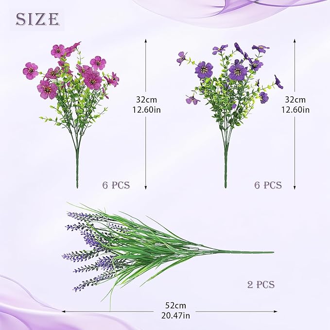 INQCMY Artificial Flowers for Outdoors UV Resistan 12 Pcs Silk Daisies with Eucalyptus Leaves and 2 Pcs Lavender Suitable for Porch Balcony Courtyard Garden (Red Lotus Deep Purple)