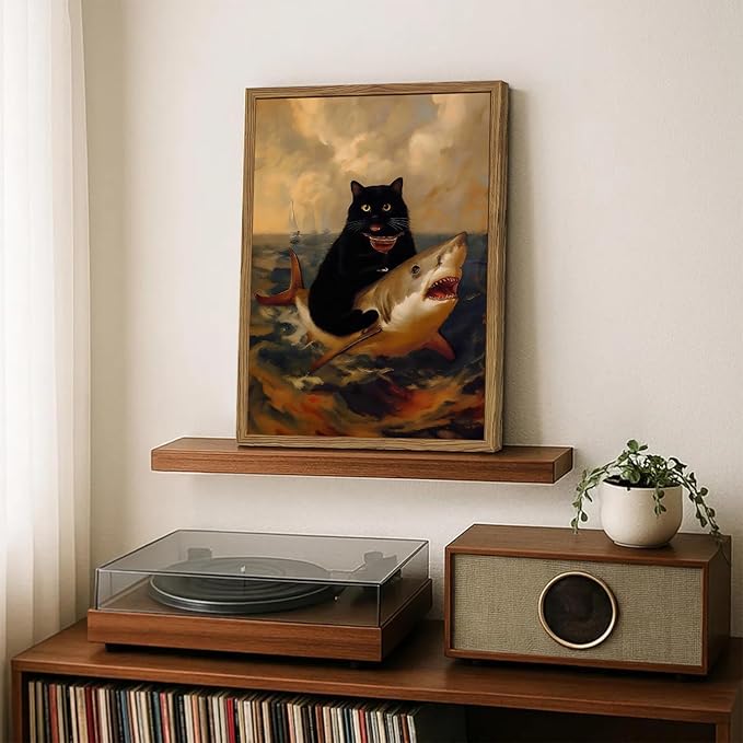 Funny Black Cat Wall Art Whimsical Cat Riding a Shark Wall Decor Picture Unique Animal Ocean Poster Canvas Painting Prints for Bedroom Living Room 12x16 inch Framed